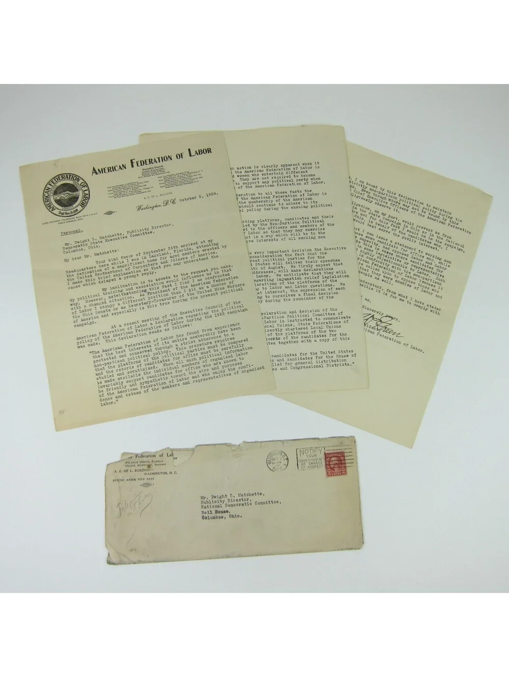 Letter William Green American Federation of Labor Dwight Matchette Ohio 1928 Vtg